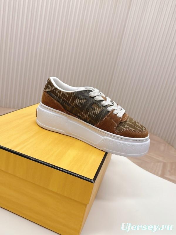 2025 Women Fendi Brown Leather Canvas Sneakers