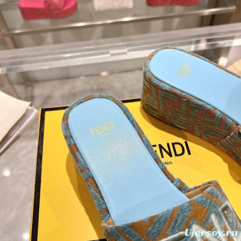 2025 Slippers Fendi Blue Brown Canvas FF Jacquard Platform FJ00321