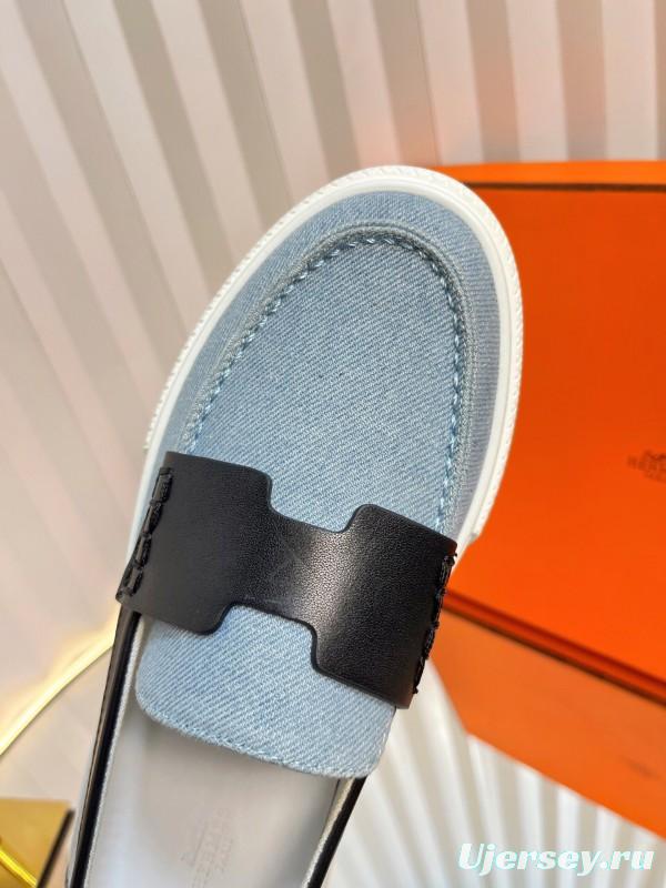 2025 Women Hermès Blue Black Leather Denim Loafers LY00310