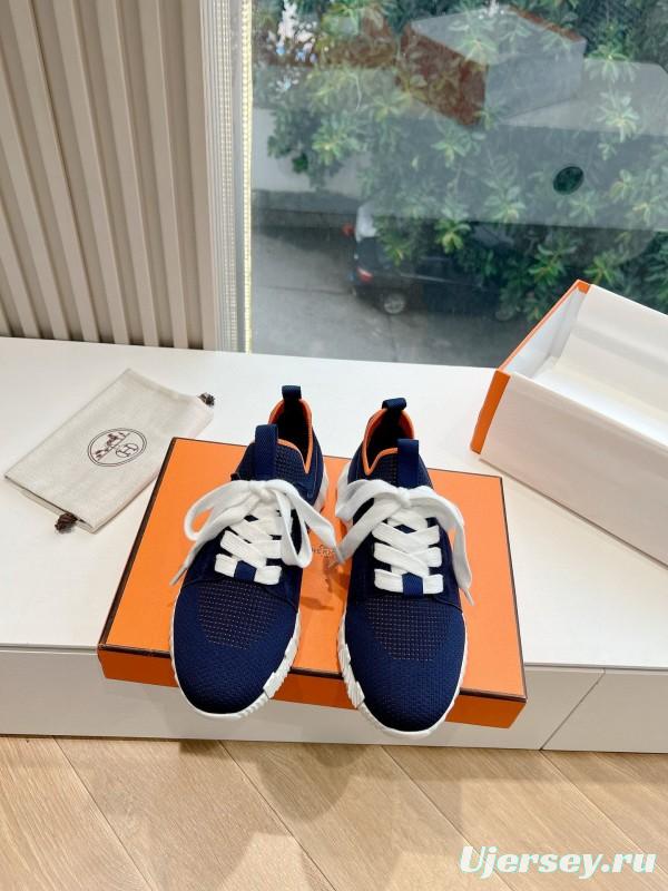 2024 Unisex Hermès Navy Brown Calfskin Suede Knit Sneakers MJ00290