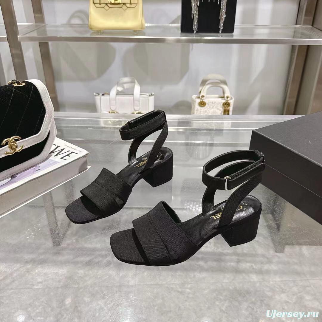 2025 Women Chanel Black Fabric Leather Sandals LY00280