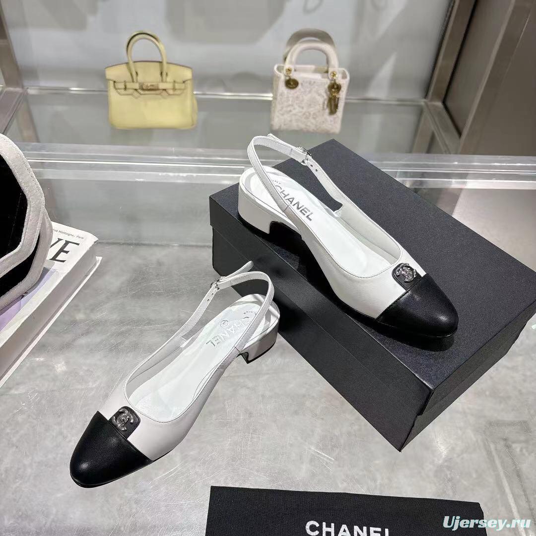 2025 Women Chanel White Black Leather Slingback Heels LY00300