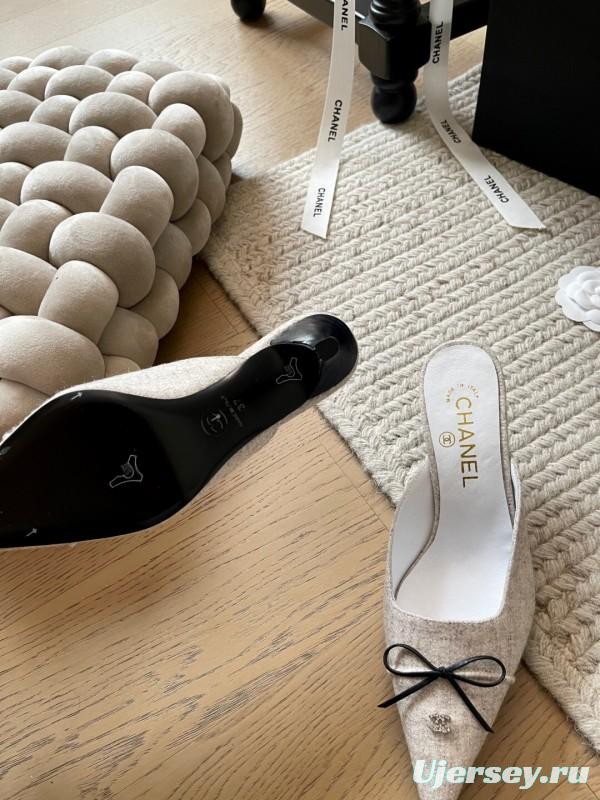 2025 Women Chanel Beige Fabric Pointed Toe Mules KFY00290