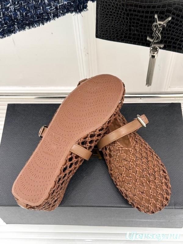 2025 Women AlAIA Brown Leather Woven Mary Jane Shoes