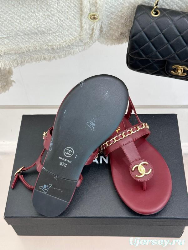 2025 Women Chanel Red Leather Sandals Chain Decoration