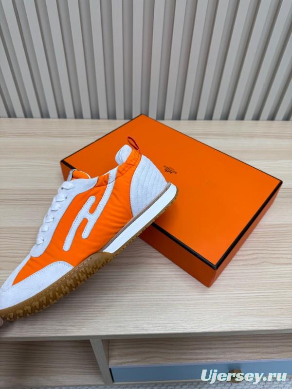 2025 Unisex Hermès White Orange Suede Mesh Sneakers KFY00300