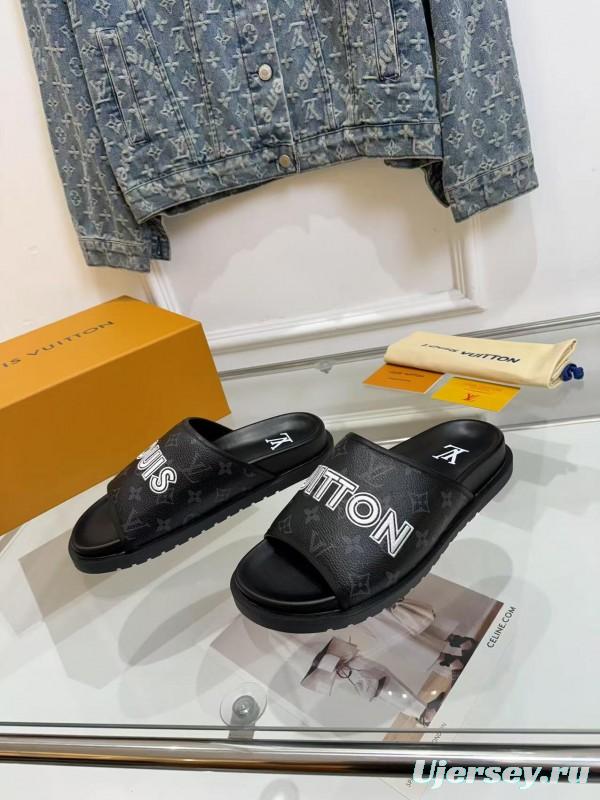 2025 Slippers Louis Vuitton Black Leather Slippers LY