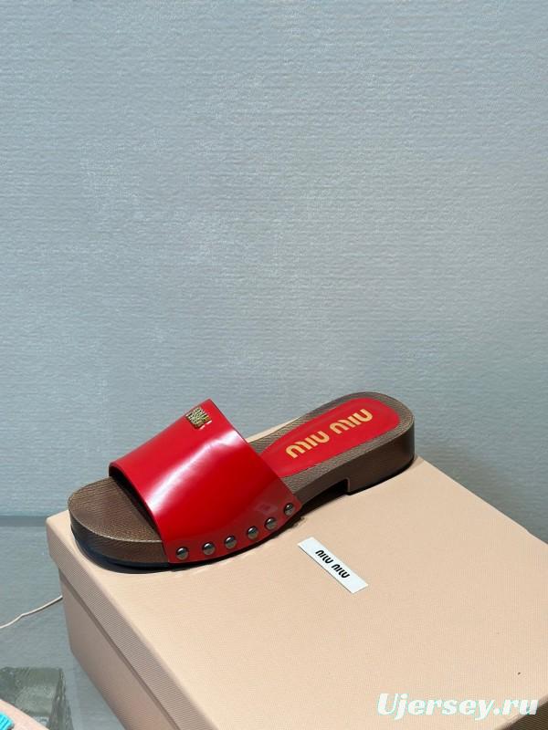 2025 Women Miu Miu Red Leather Slippers