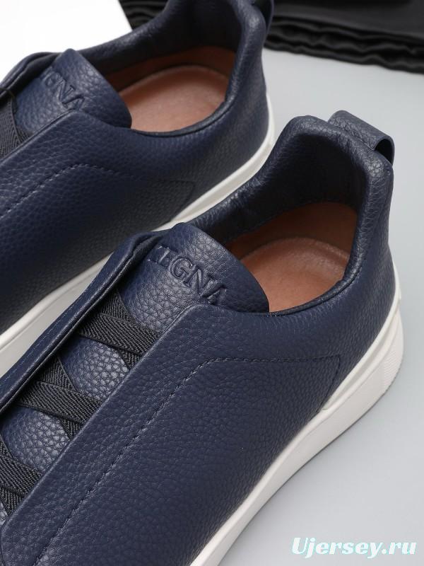 2024 Men Ermenegildo Zegna Navy Leather Low Top Sneakers MJ00240