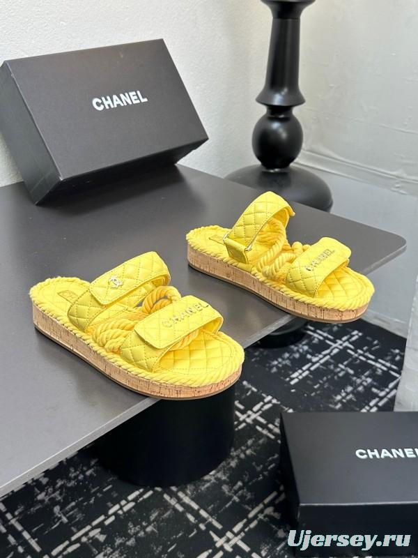 2025 CHANEL Yellow Quilted Fabric Slippers