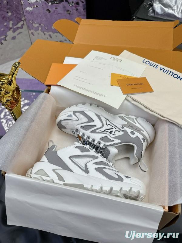 2025 Men Louis Vuitton White Grey Mesh Leather Sneakers MJ00420