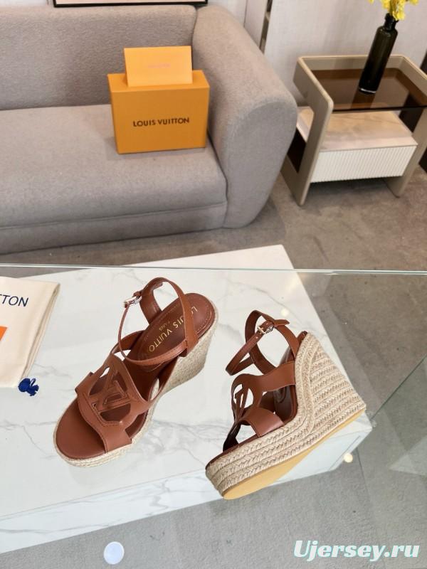 2025 Women Louis Vuitton Brown Leather Espadrilles Sandals MJ00280