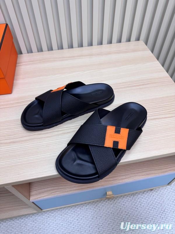 2025 Slippers Hermès Black Orange Leather Slippers