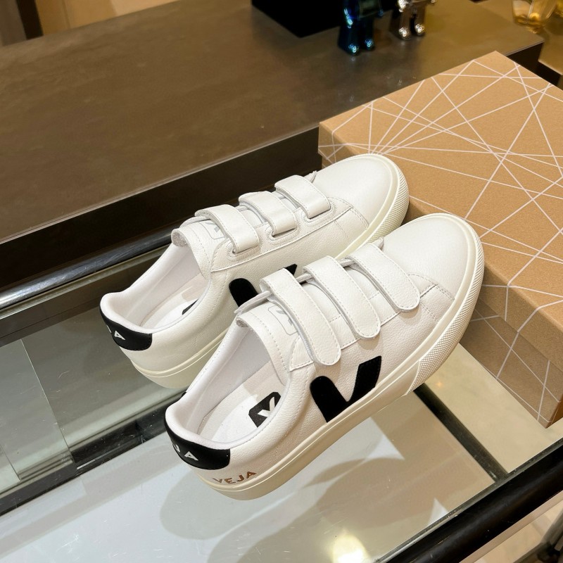 2025 Unisex VEJA White Black Leather Canvas Sneakers Velcro MJ00240(W/M)