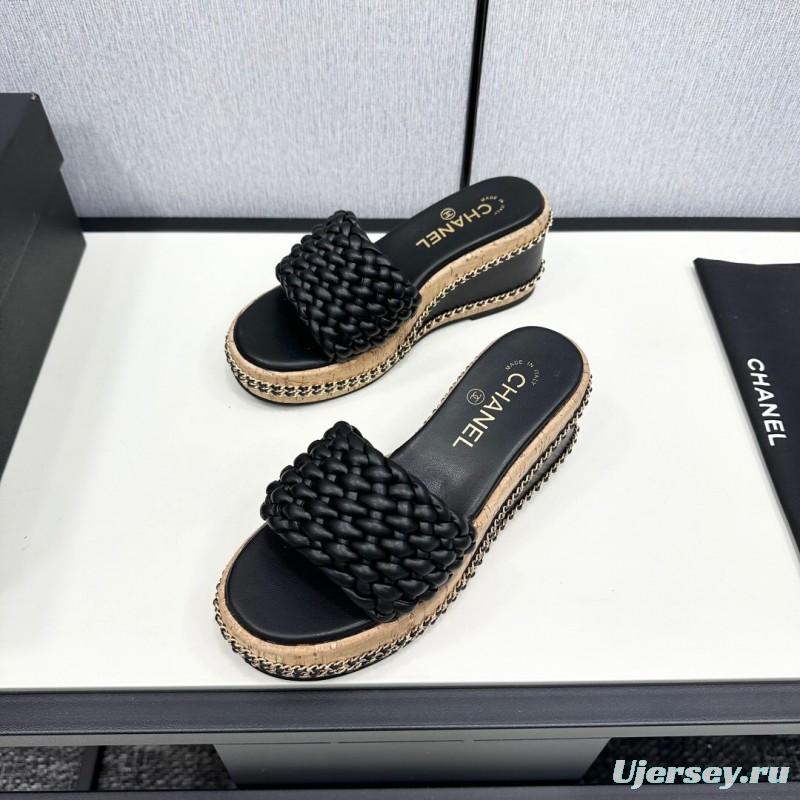 2025 Women Chanel Black Leather Woven Platform Sandals