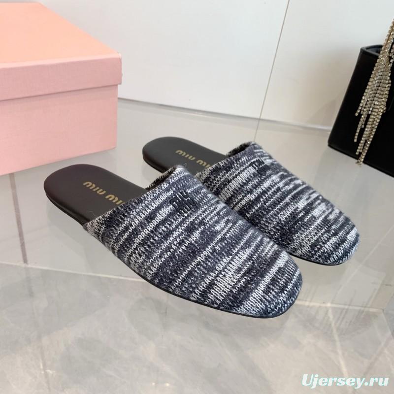 2025 Women Miu Miu Black White Knit Leather Slippers