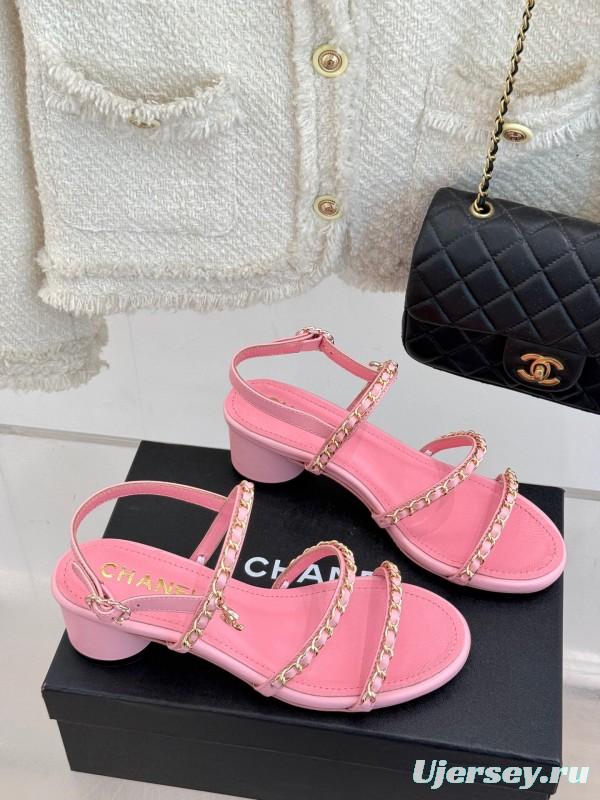 2025 Women Chanel Pink Leather Chain Strap Sandals