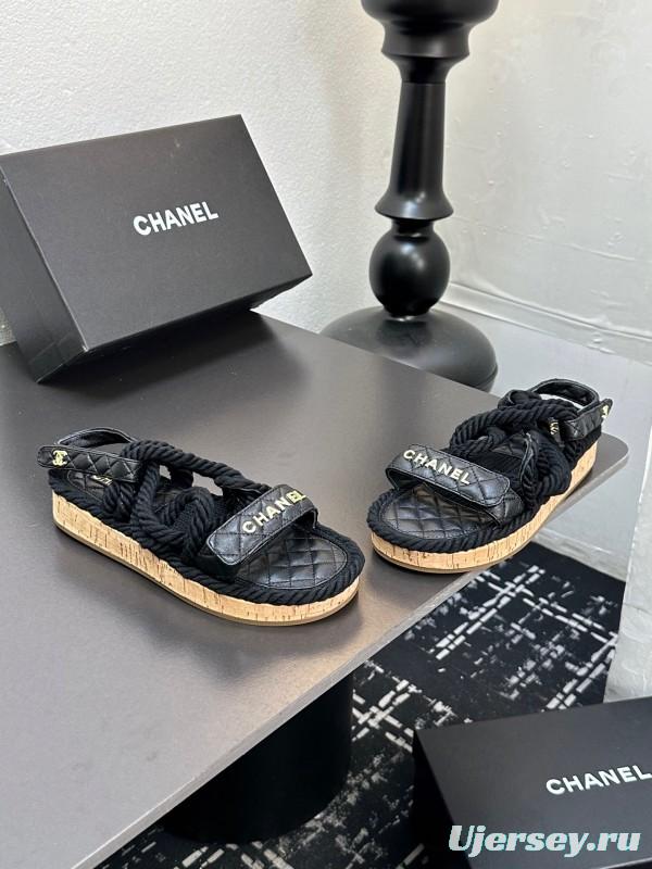 2025 Slippers Chanel Black Rope Leather Sandal LY00260