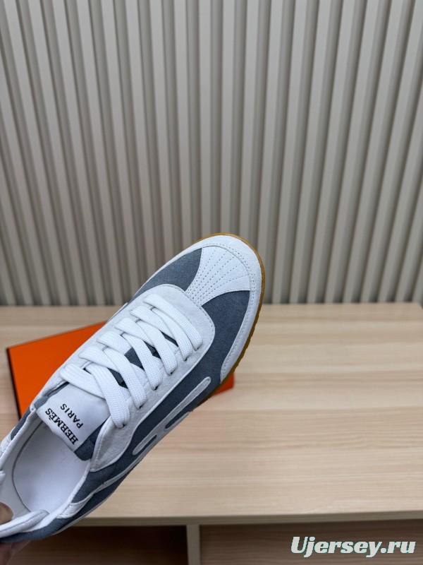 2025 Unisex Hermès White Grey Suede Down Fabric Sneakers Top Version LY00310