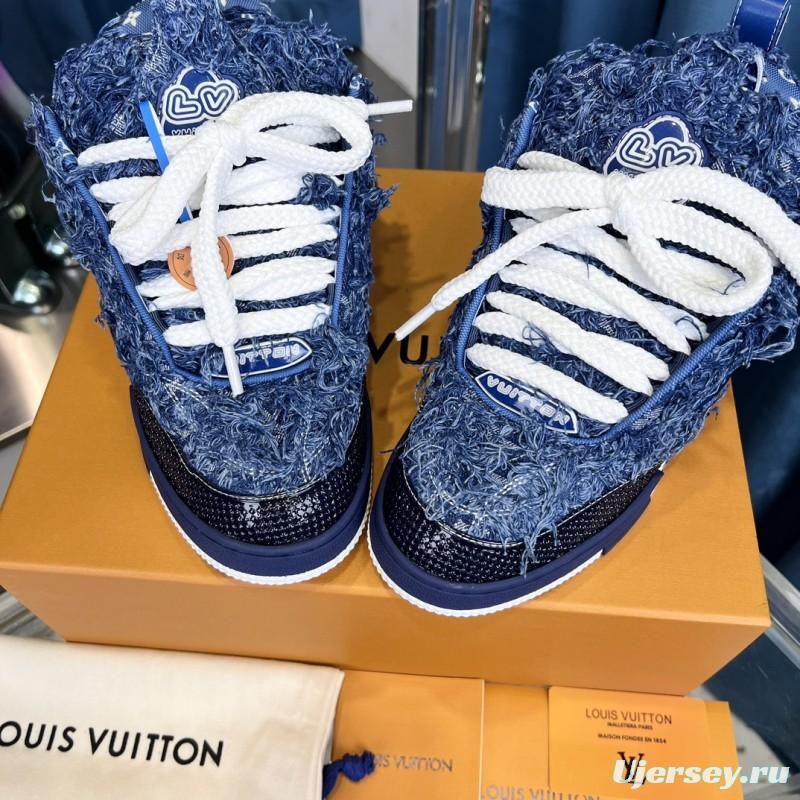 2025 Unisex Louis Vuitton Blue Denim Leather LV Trainer