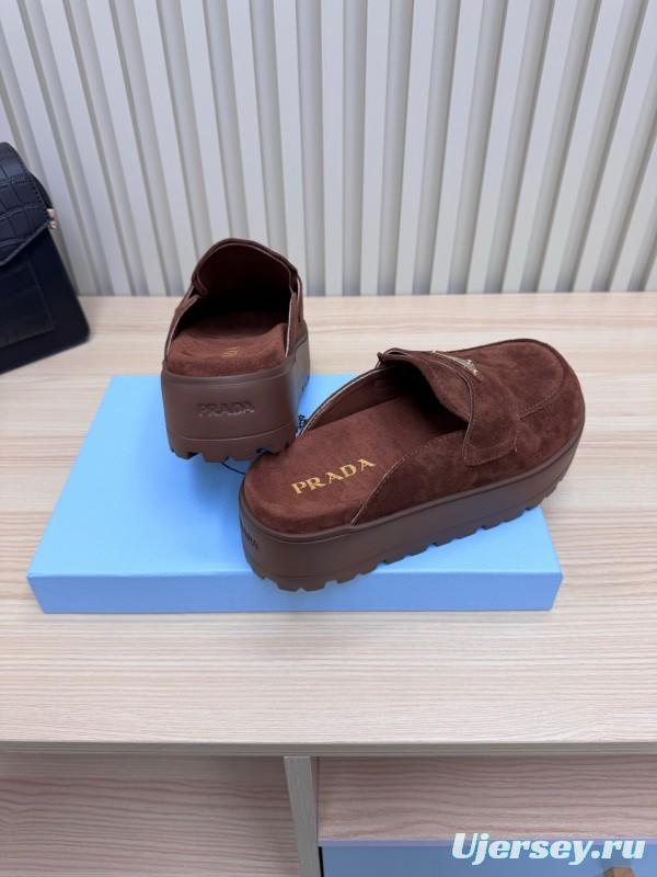 2025 Women Prada Brown Suede Platform Loafers