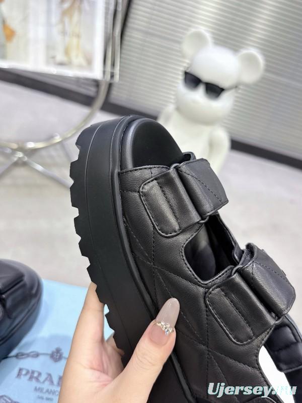 2025 Women Prada Black Leather Sandals