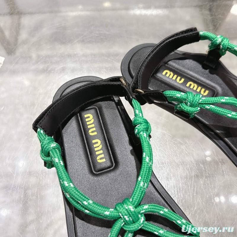 2025 Women Miu Miu Green Black Rope Leather Sandals