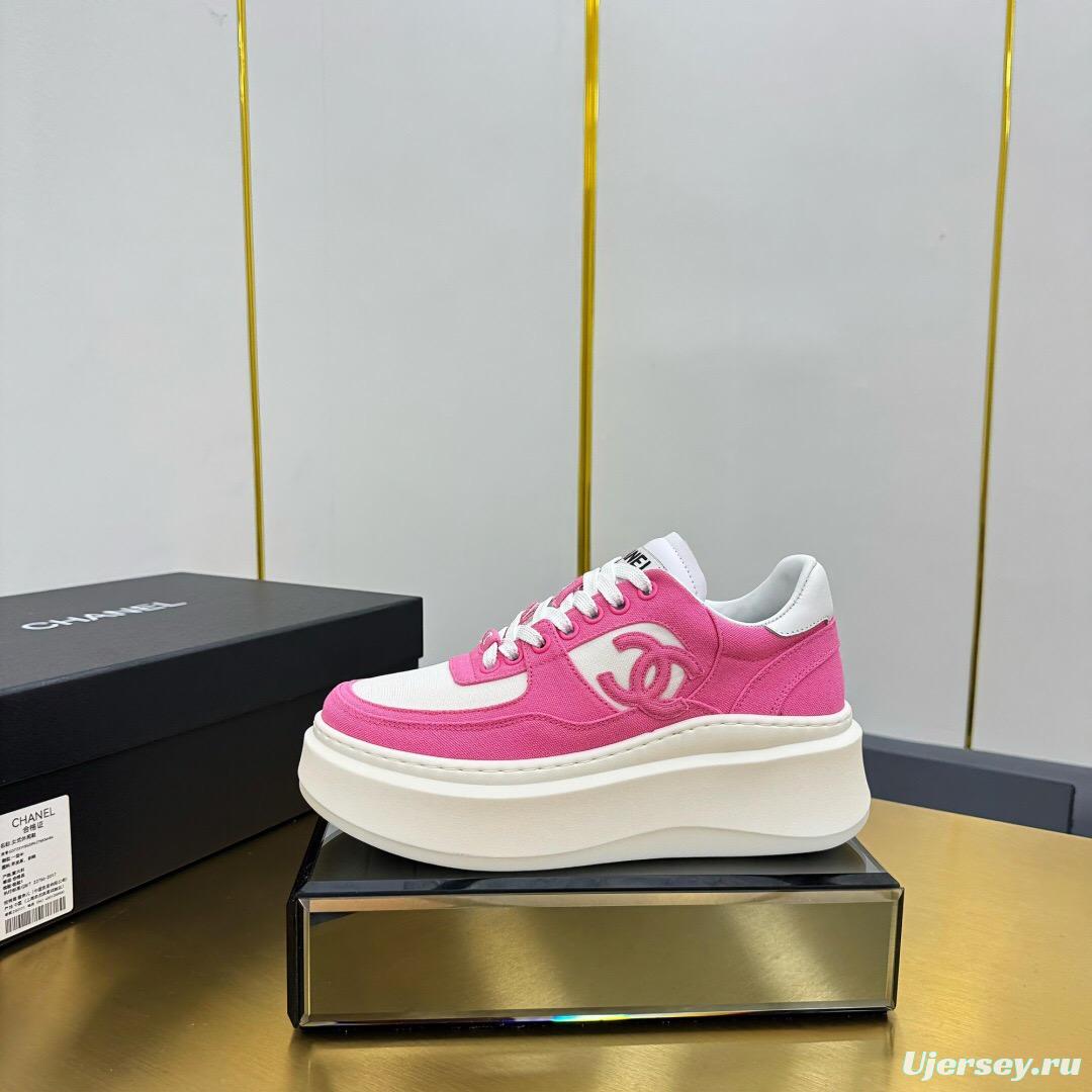 2025 Women Chanel Pink White Leather Canvas Sneakers