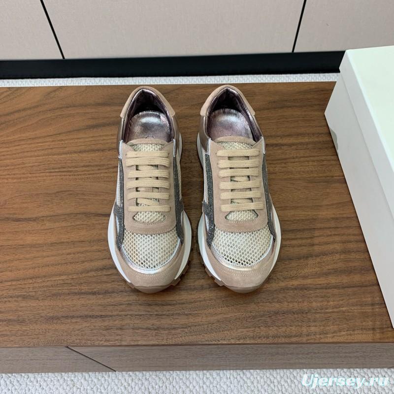 2025 Unisex Brunello Cucinelli Beige Black Mesh Suede Sneakers