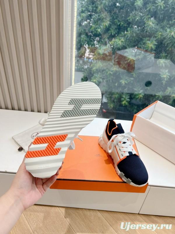 2024 Unisex Hermès 爱H Navy Orange Knit Leather Sneakers 