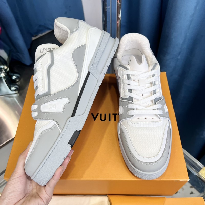 2025 Unisex Louis Vuitton White Grey Leather Mesh LV Trainer