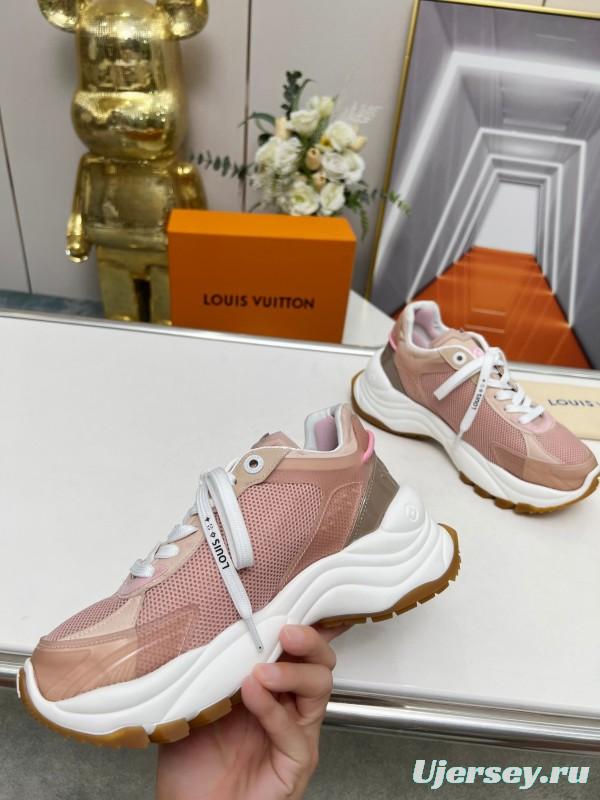 2025 Women Louis Vuitton Pink White Mesh Leather Sneakers LY00340