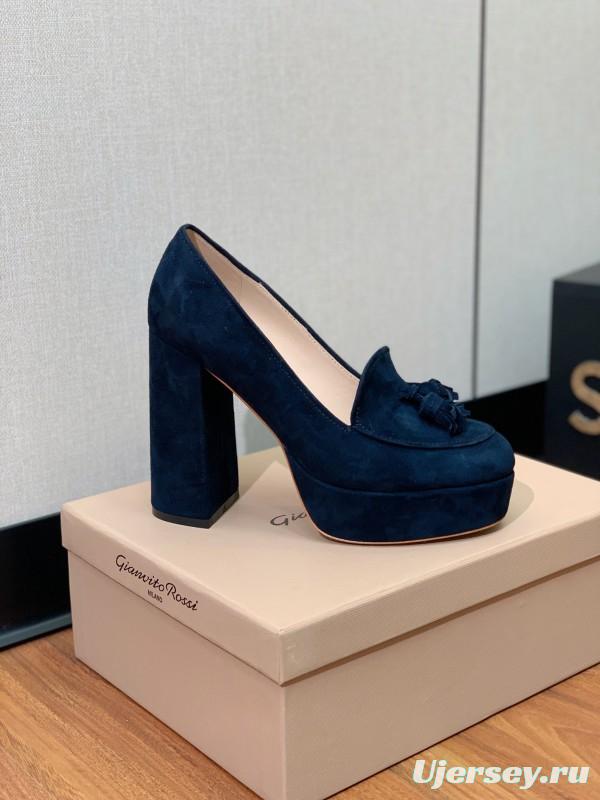 2025 Women Gianvito Rossi Navy Suede Platform Loafers KFY00330