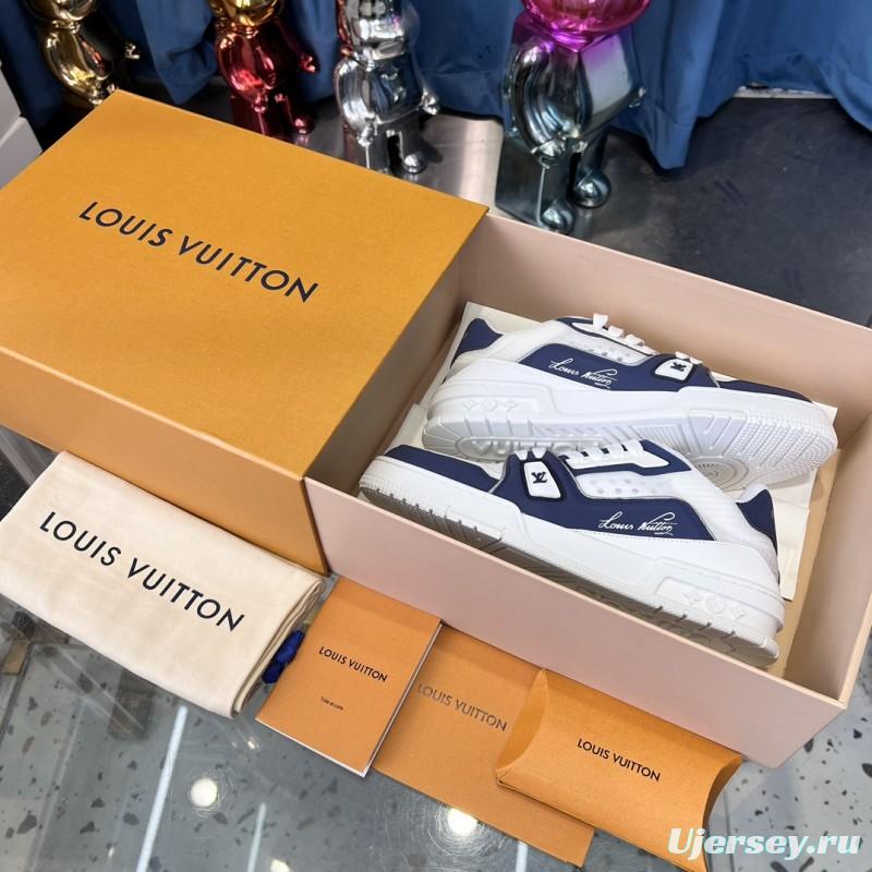 2025 Unisex Louis Vuitton White Navy Leather Sneakers