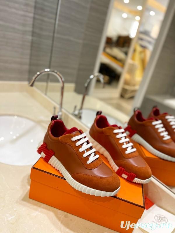 2024 Unisex Hermès Brown Red Imported Sheepskin Suede Silk Leather Casual Sneakers MJ00320