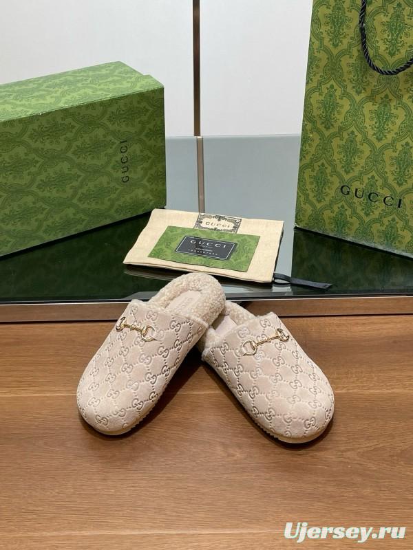 2024 Slippers Gucci Beige Shearling GG Embroidery