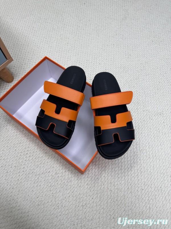 2025 Women Hermès Orange Black Leather Slippers