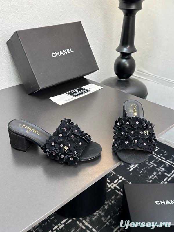 2025 Women Chanel Black Suede Heeled Slippers