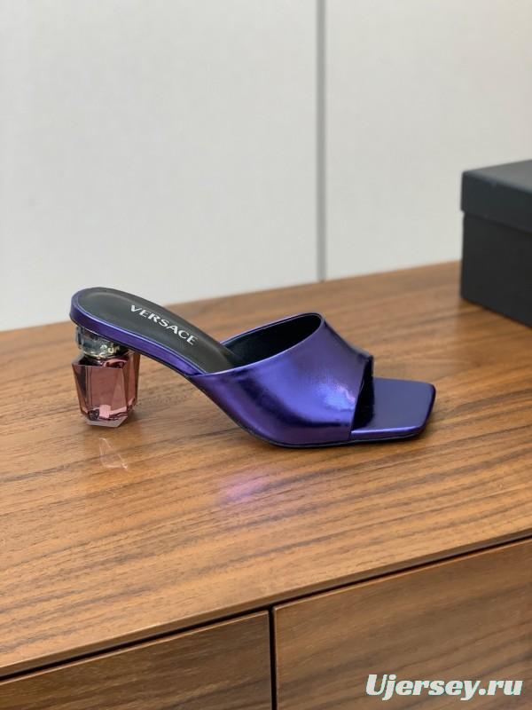 2025 Women VERSACE Purple Leather Slippers