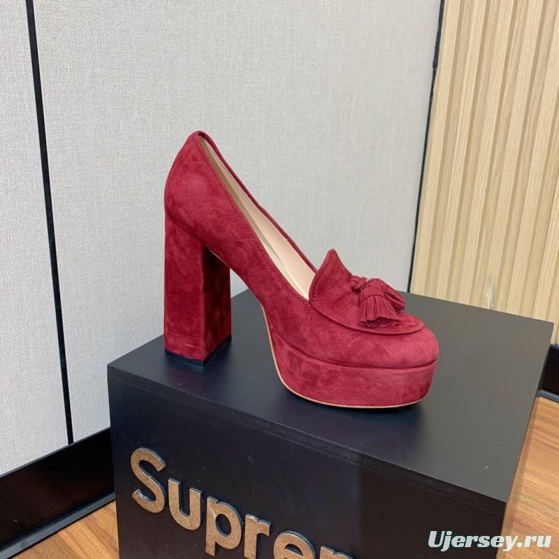 2025 Women Gianvito Rossi Red Suede Platform Loafers Tassel KFY00330