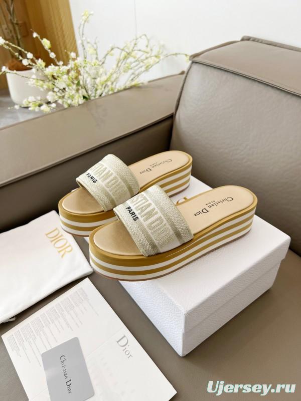 2025 Women Dior White Beige Canvas Platform Slippers