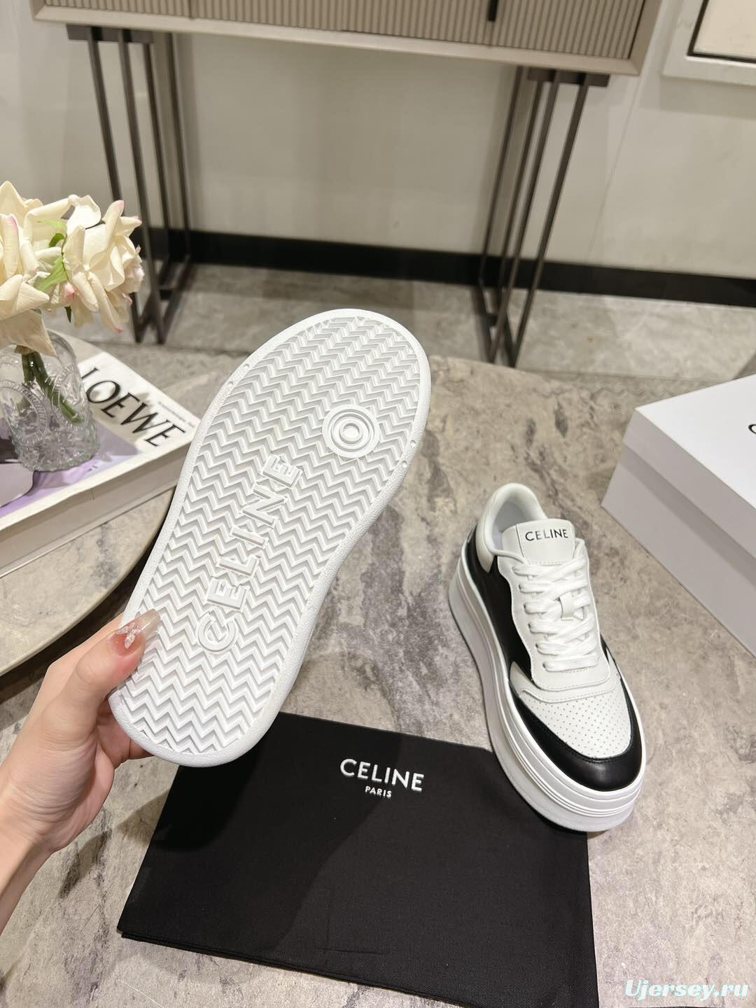 2025 Women Celine Black White Leather Platform Sneakers KFY00330