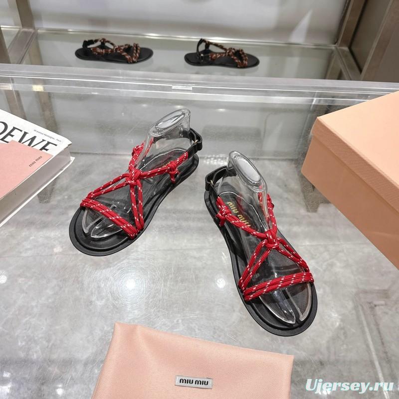 2025 Women Miu Miu Red Black Leather Rope Sandals KFY00200