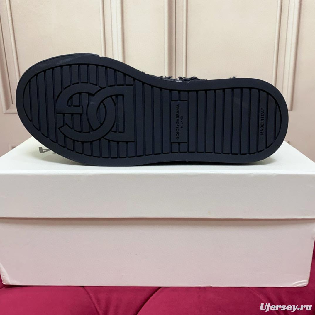 2024 Unisex Dolce & Gabbana Black White Wool Leather Sneakers MJ00340