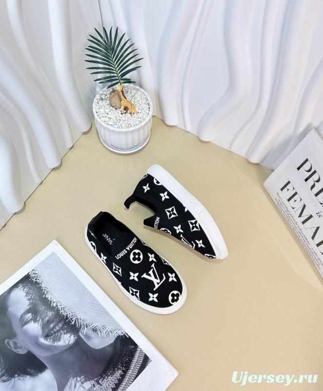 2024 Kids Louis Vuitton White Black Pink Canvas Slip-On Sneakers