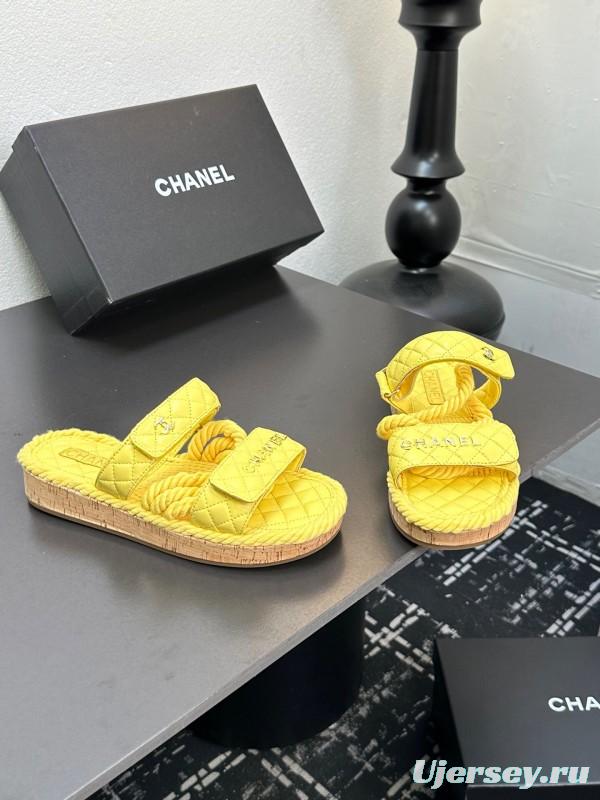 2025 CHANEL Yellow Quilted Fabric Slippers