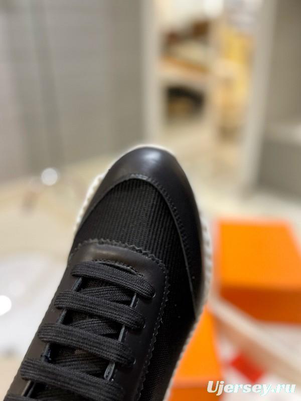 2024 Unisex Hermès Black Imported Glazed Calfskin Imported Rain Velvet Casual Sneakers MJ00320