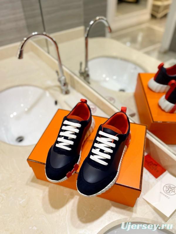 2024 Unisex Hermès Navy Red White Imported Glazed Calf Suede Rain Velvet Sneakers MJ00320