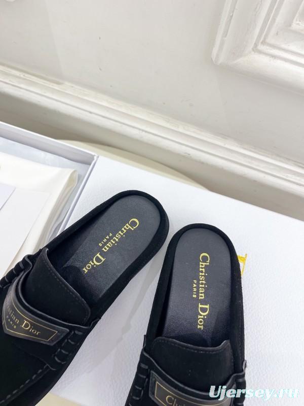 2025 Women Dior Black Leather Slip-On Loafers Crafted With Original Rubber Sole KFY00300(F)