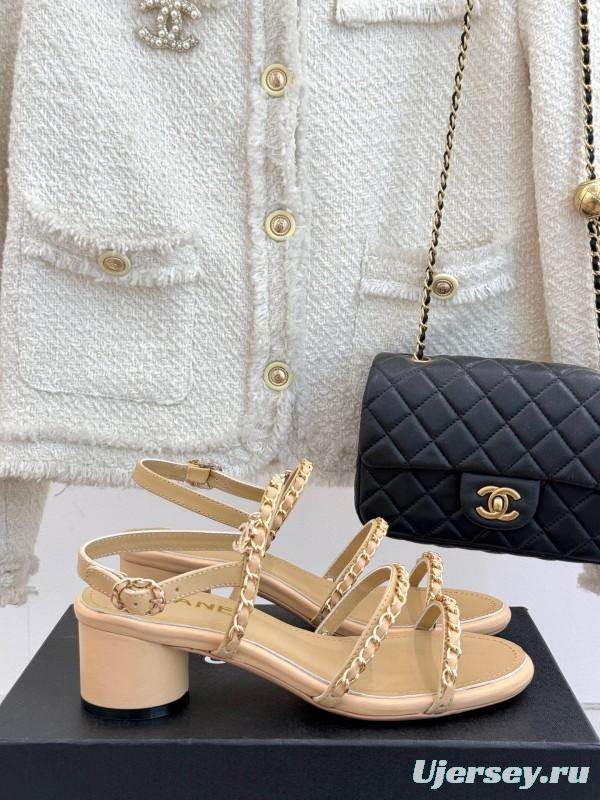 2025 Women Chanel Beige Lambskin Chain Strap Block Heel Sandals